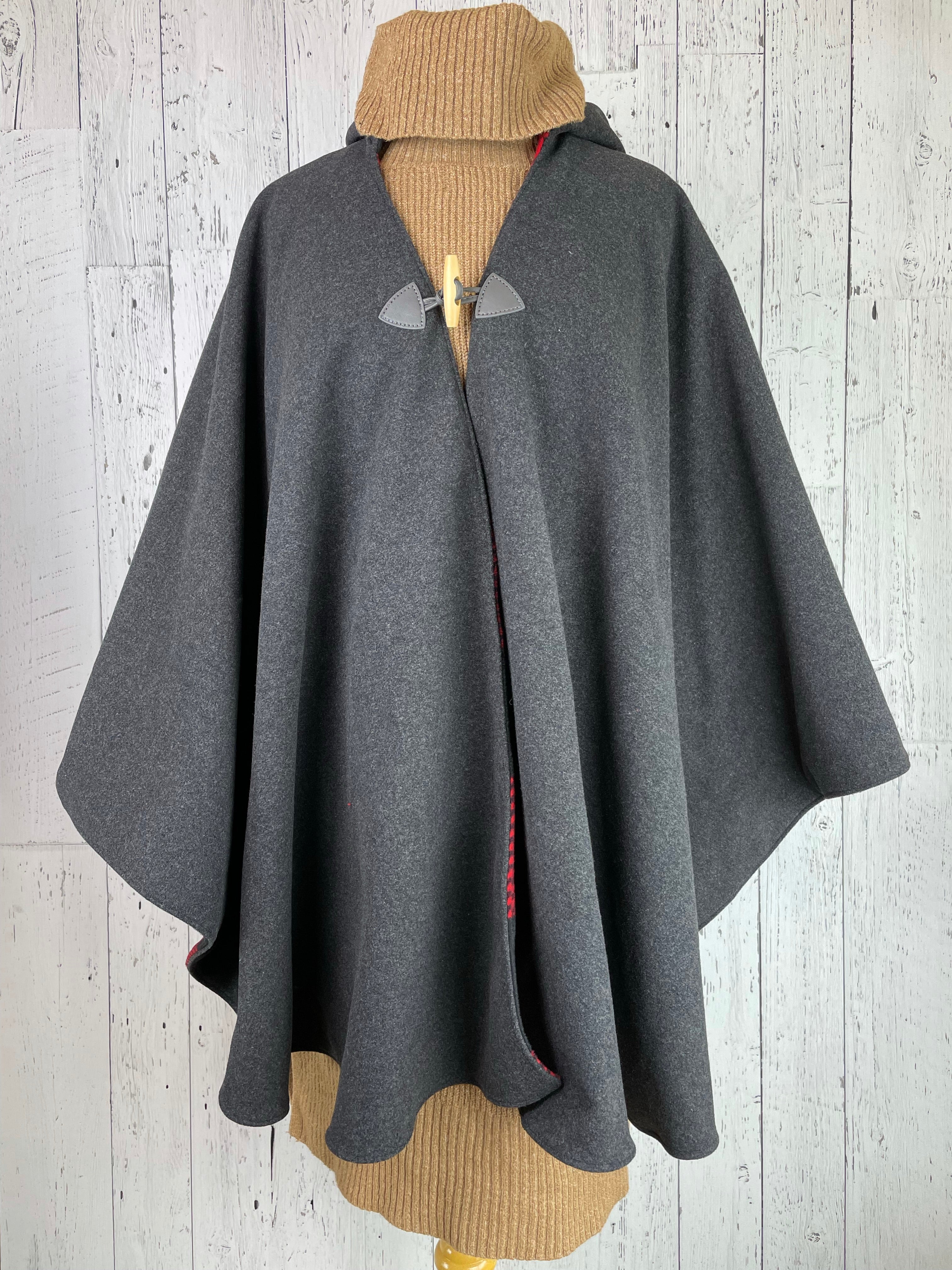 Hooded Wool & Fleece Lined Poncho Cape
