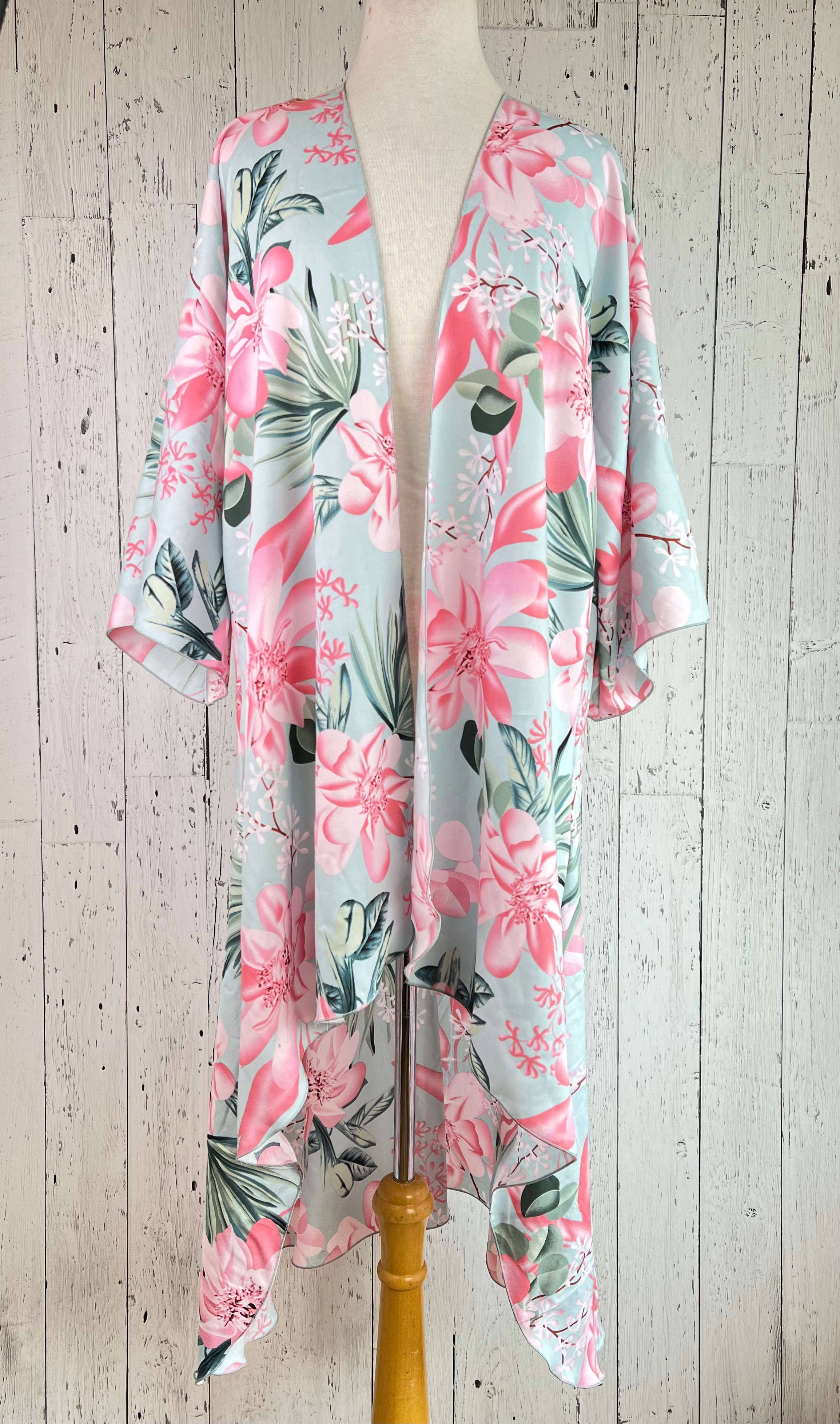 Baby Blue & Floral Sleeved Kimono Various Length