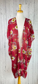 Load image into Gallery viewer, Maroon Floral Short Sleeve Kimono
