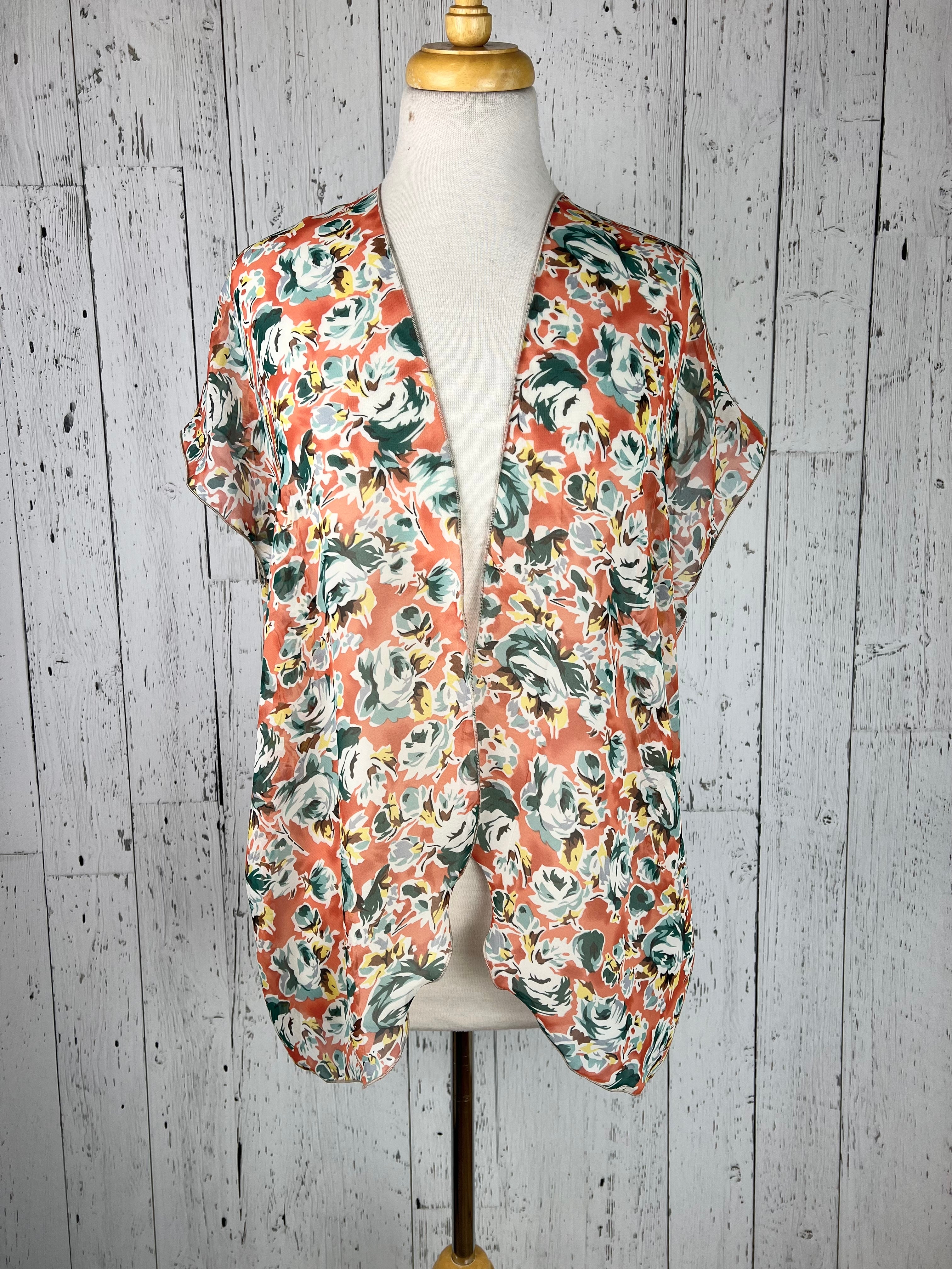 Orange & Teal Floral Short Sleeve Kimono