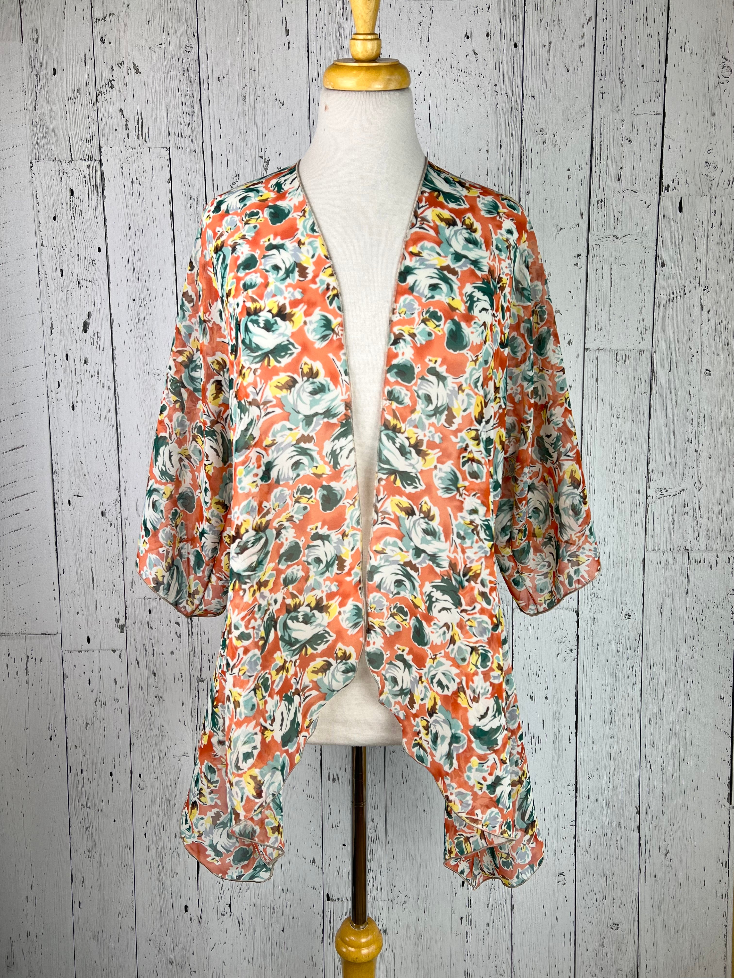 Orange & Teal Floral Sleeved Kimono (Various Lengths )