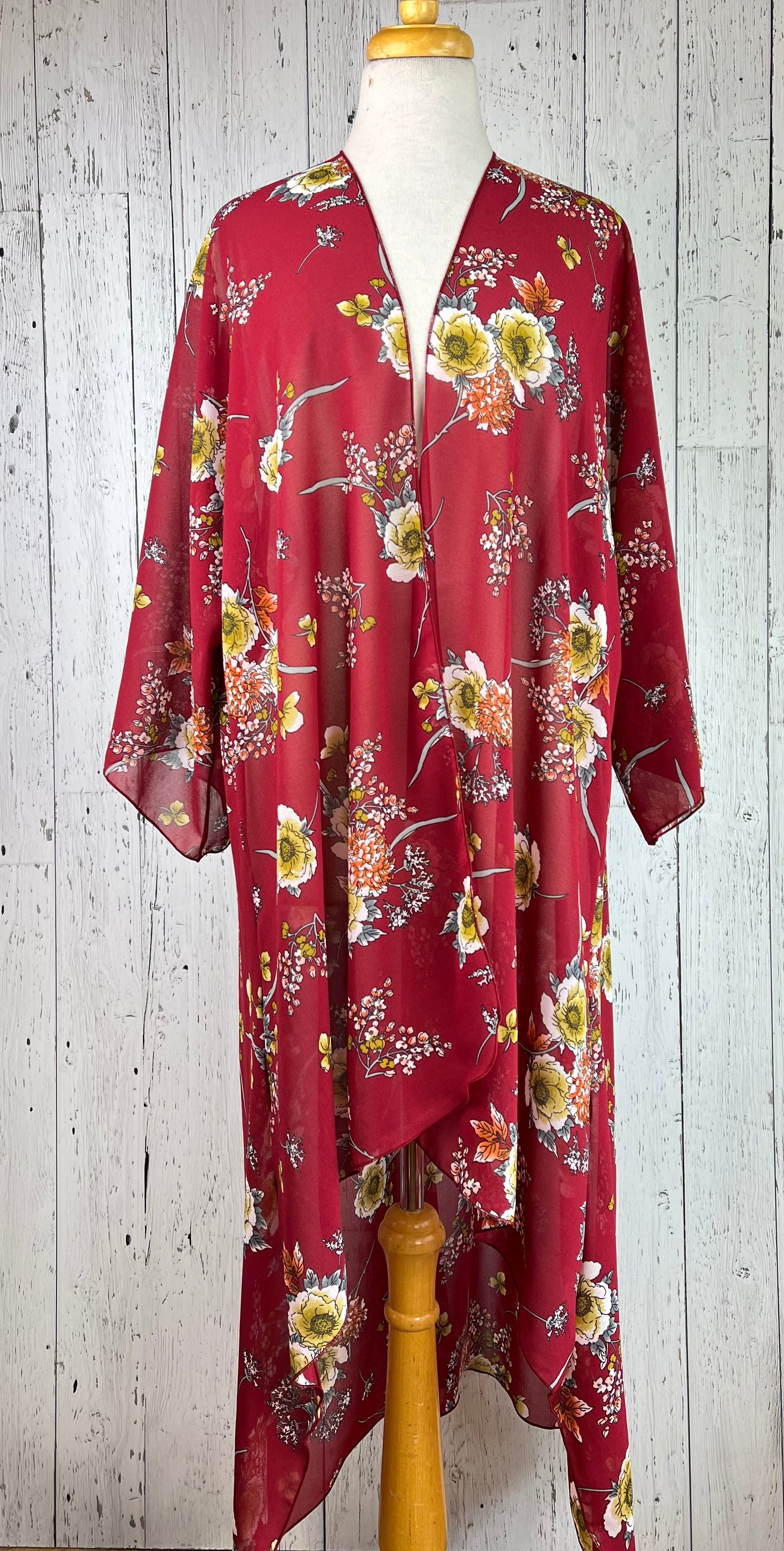 Maroon Floral Sleeved Kimono Various Lengths