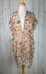 Load image into Gallery viewer, Orange &amp; Teal Floral Short Sleeve Kimono
