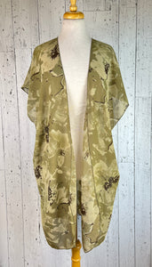 Khaki Green Floral Short Sleeve Kimono