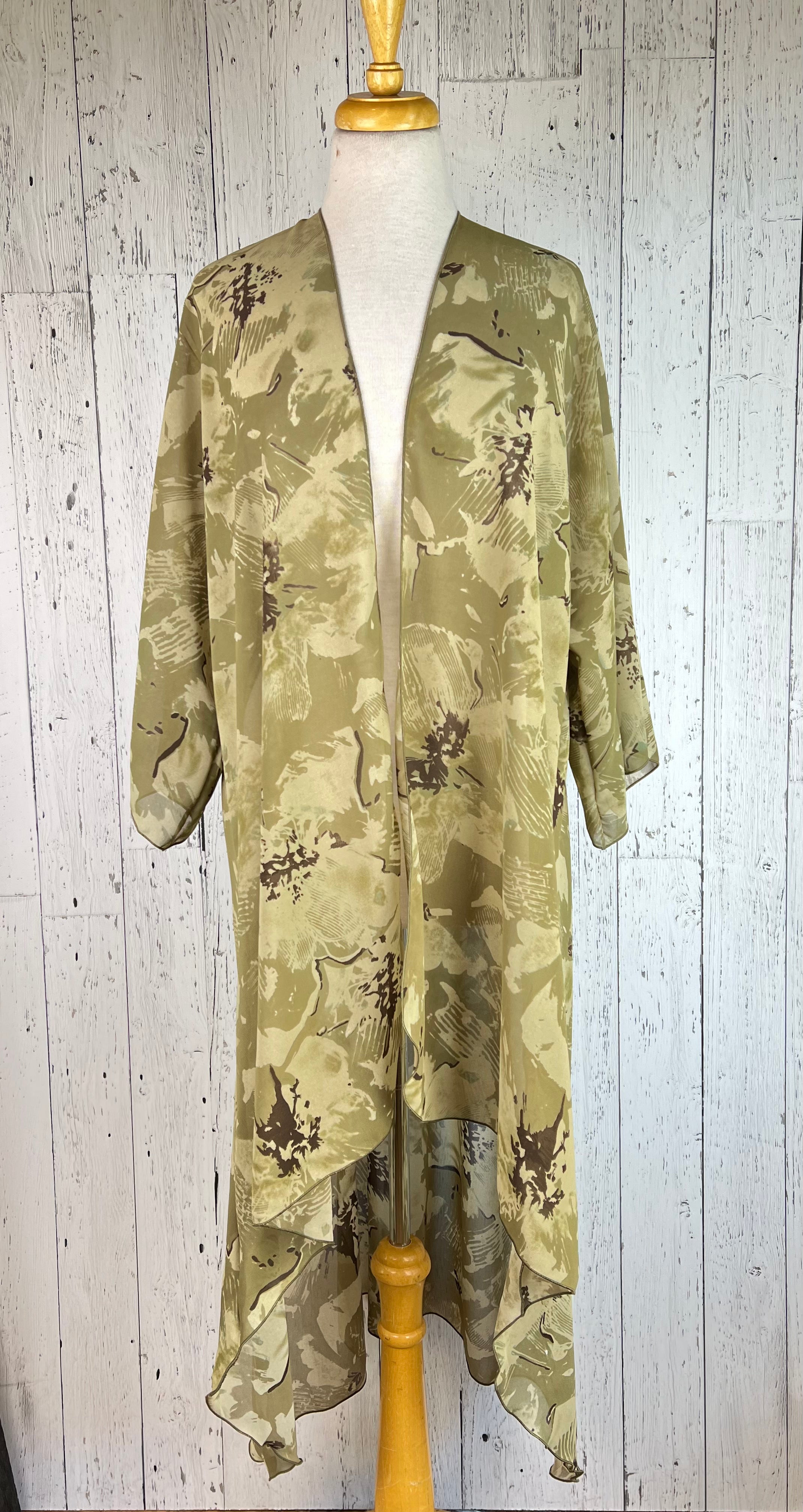 Khaki Green Floral Sleeved Kimono Various Length