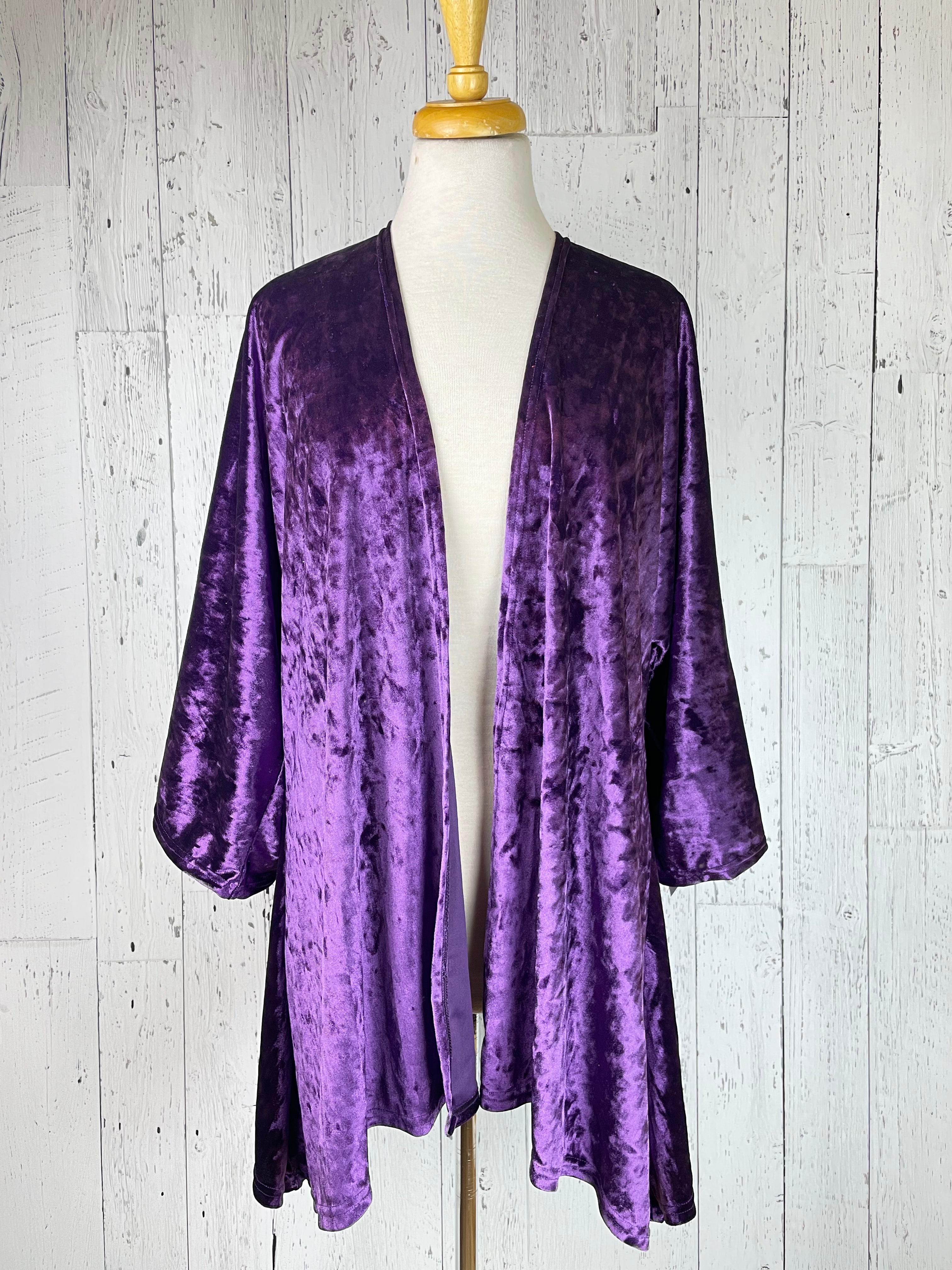 Crushed Purple Velvet Kimono Jacket Mid Length